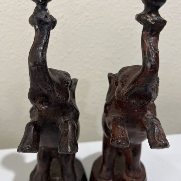 Vintage Cast Metal Elephant PAIR Candle Holder Trunk Up Good Luck Rearing - Picture 3 of 14